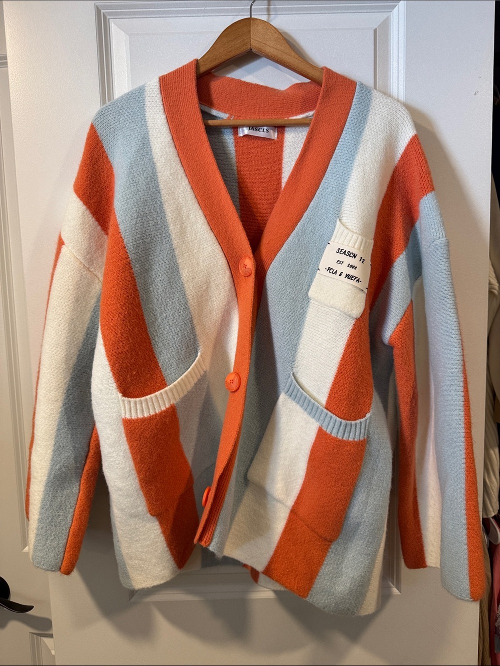 Striped V-Neck Button Cardigan in Orange, Light Blue & Cream